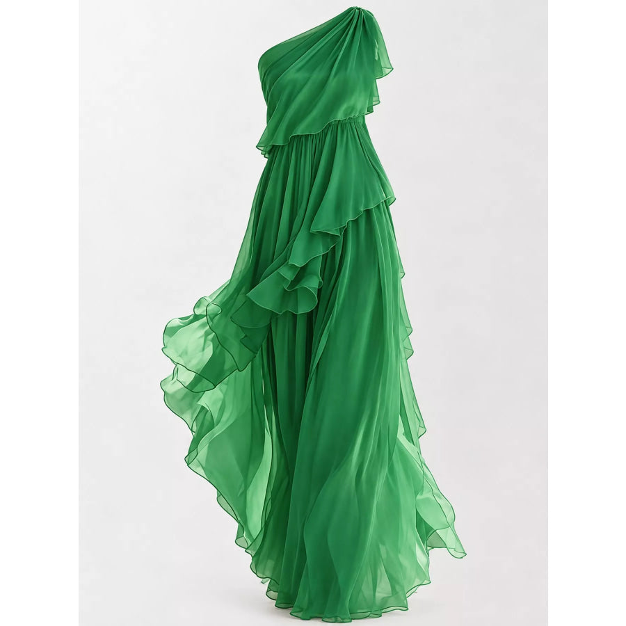 One-Shoulder Ruffled Chiffon Maxi Dress Apparel and Accessories