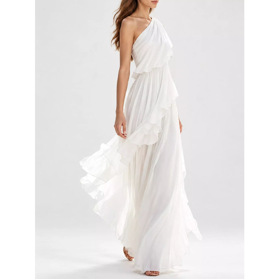 One-Shoulder Ruffled Chiffon Maxi Dress Apparel and Accessories