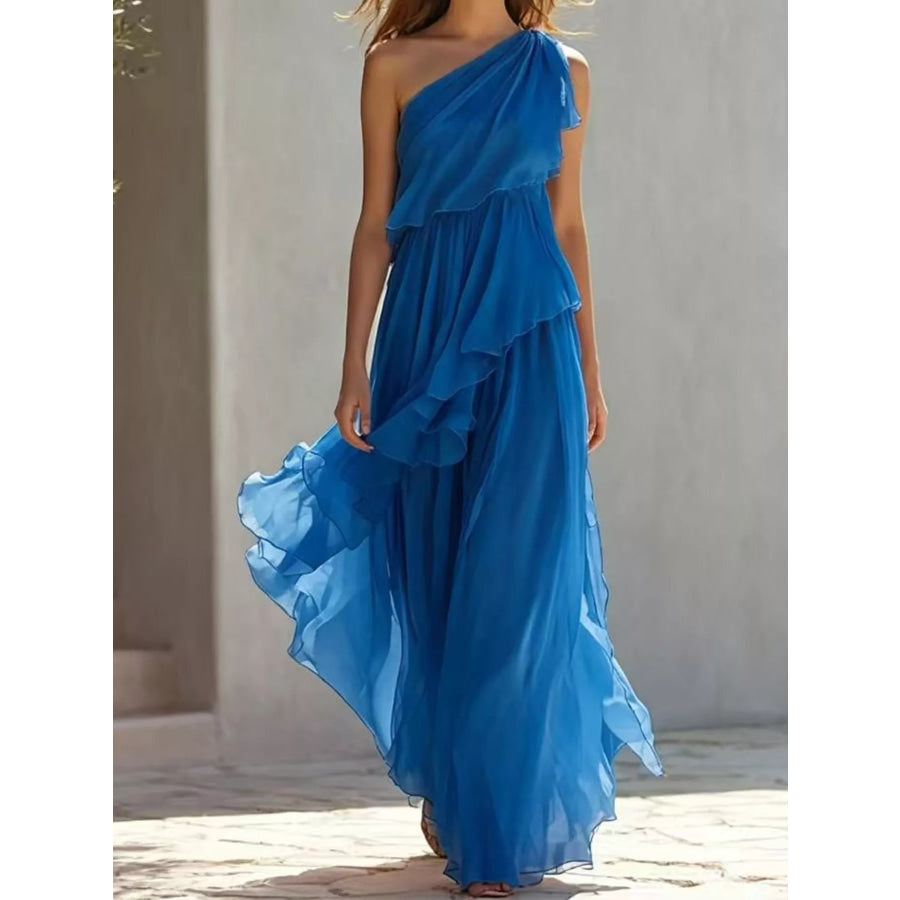 One-Shoulder Ruffled Chiffon Maxi Dress Blue / S Apparel and Accessories