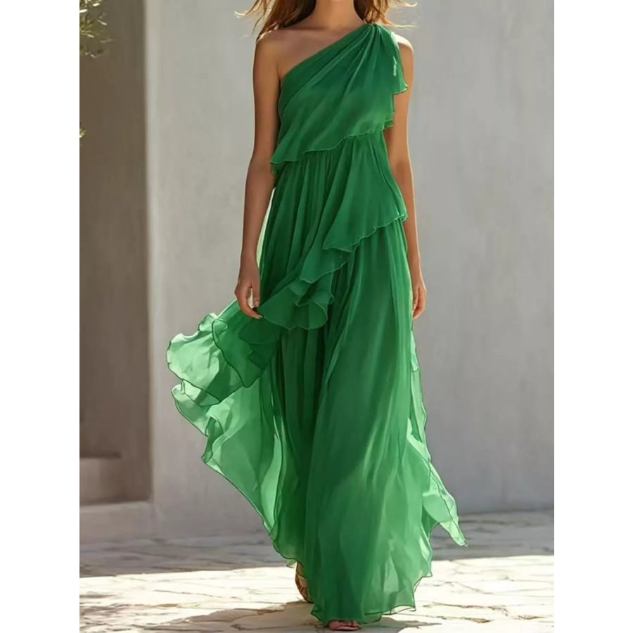 One-Shoulder Ruffled Chiffon Maxi Dress Green / S Apparel and Accessories