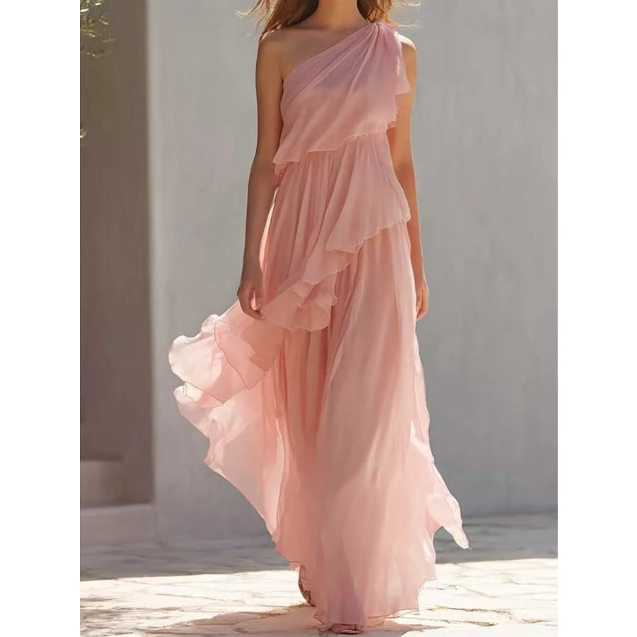 One-Shoulder Ruffled Chiffon Maxi Dress Light Pink / S Apparel and Accessories