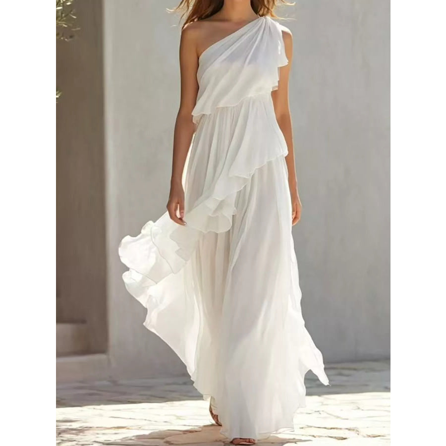 One-Shoulder Ruffled Chiffon Maxi Dress White / S Apparel and Accessories