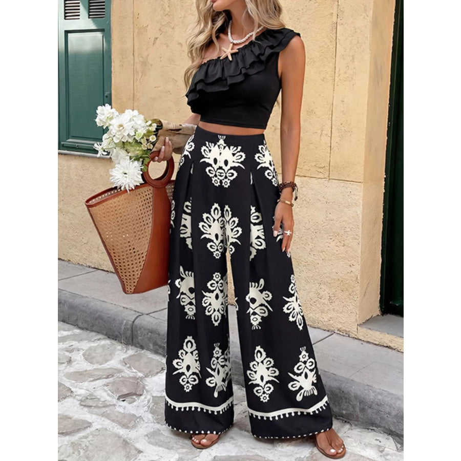 One-Shoulder Ruffled Crop Top and Wide-Leg Printed Pants Set Black / XS Apparel and Accessories