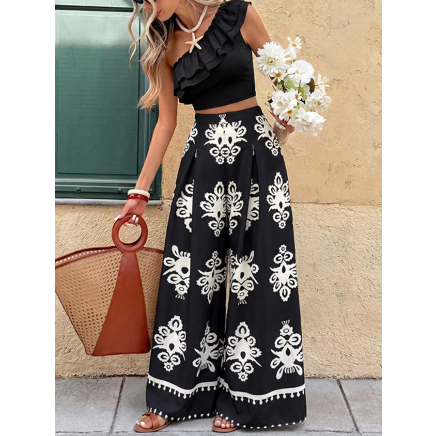 One-Shoulder Ruffled Crop Top and Wide-Leg Printed Pants Set Black / XS Apparel and Accessories