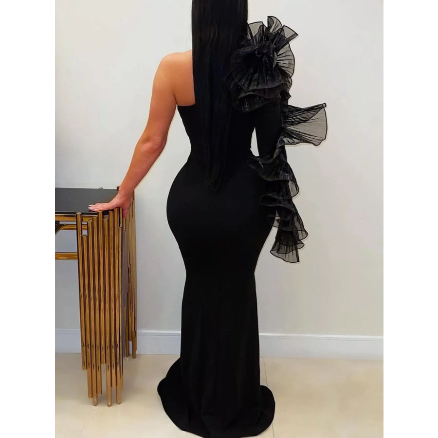 One-Shoulder Ruffled Mermaid Evening Maxi Dress Black / S Apparel and Accessories