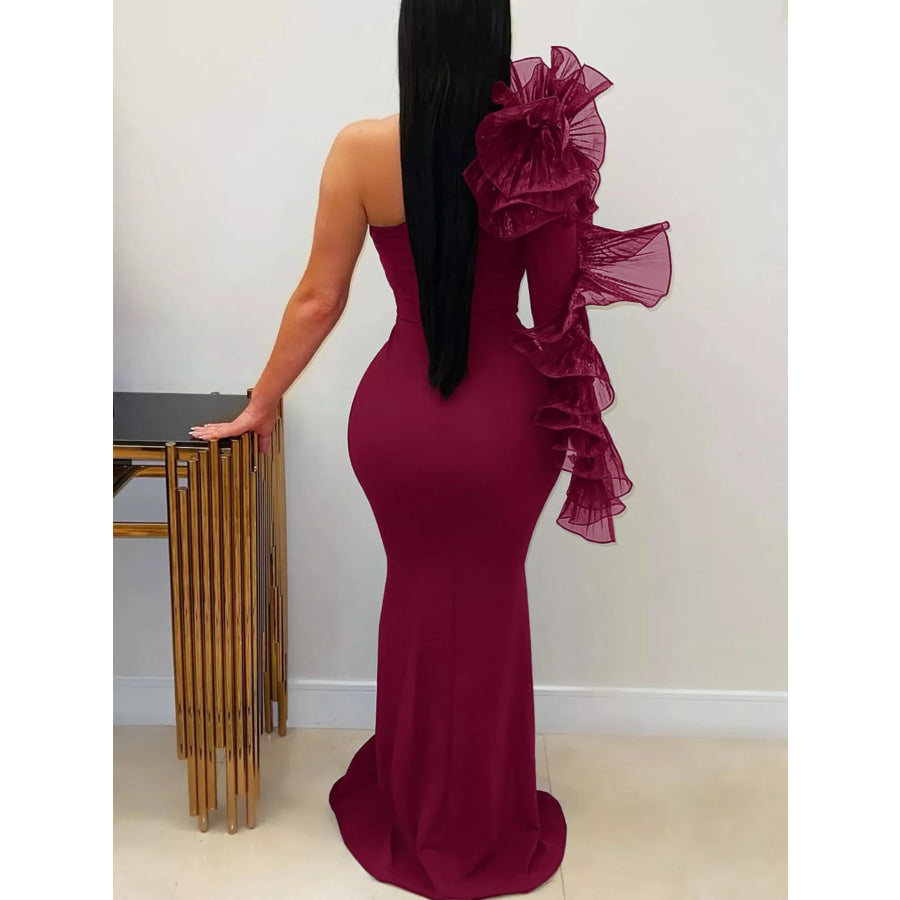 One-Shoulder Ruffled Mermaid Evening Maxi Dress Apparel and Accessories