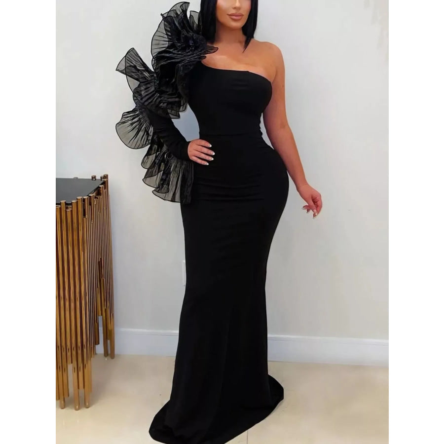 One-Shoulder Ruffled Mermaid Evening Maxi Dress Black / S Apparel and Accessories
