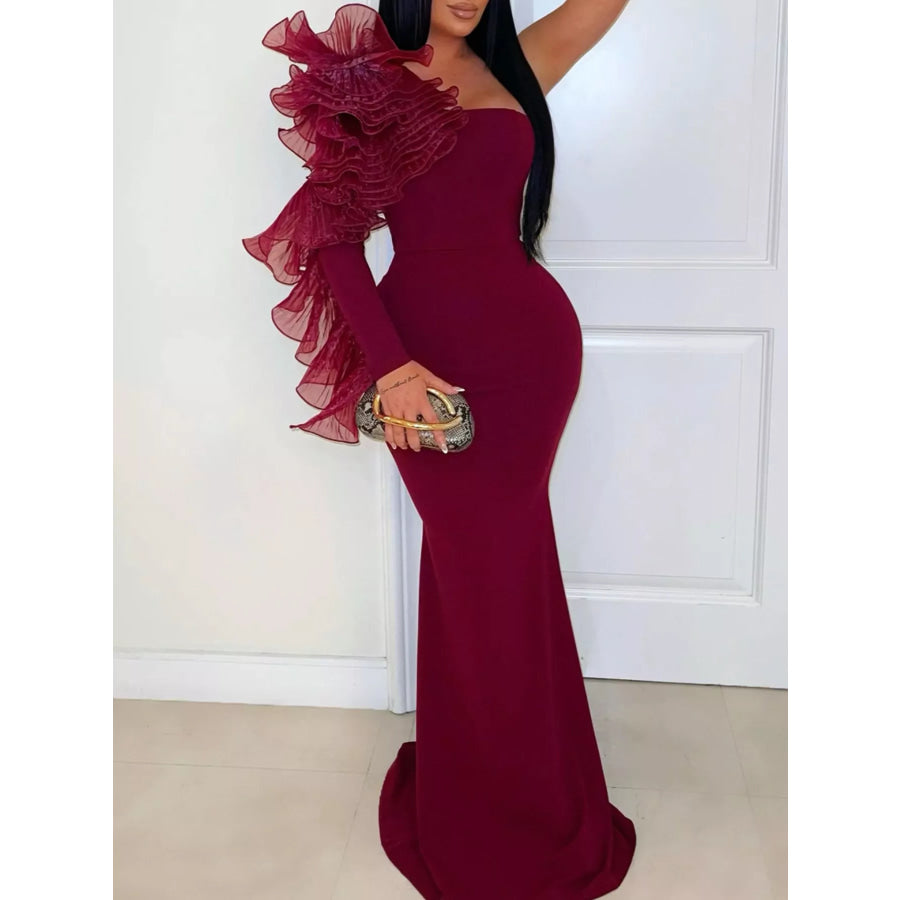 One-Shoulder Ruffled Mermaid Evening Maxi Dress Burgundy / S Apparel and Accessories