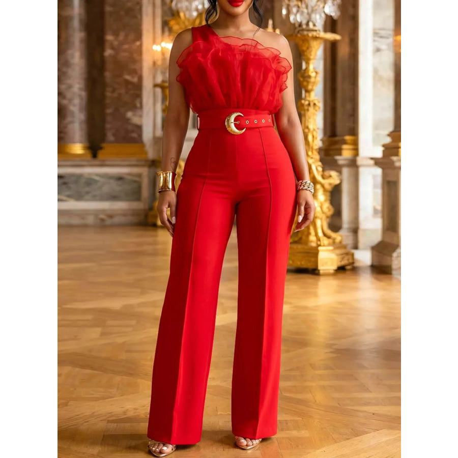 One-Shoulder Ruffled Wide-Leg Jumpsuit Red / S Apparel and Accessories