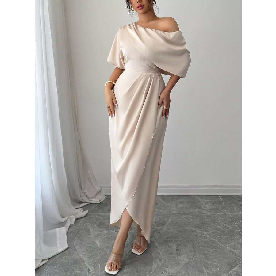 One-Shoulder Satin Maxi Dress Champagne Color / S Apparel and Accessories