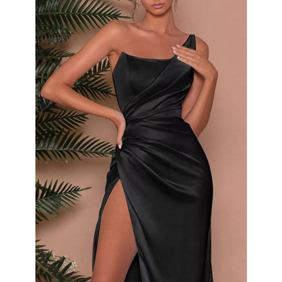 One-Shoulder Satin Maxi Dress with High Slit Apparel and Accessories