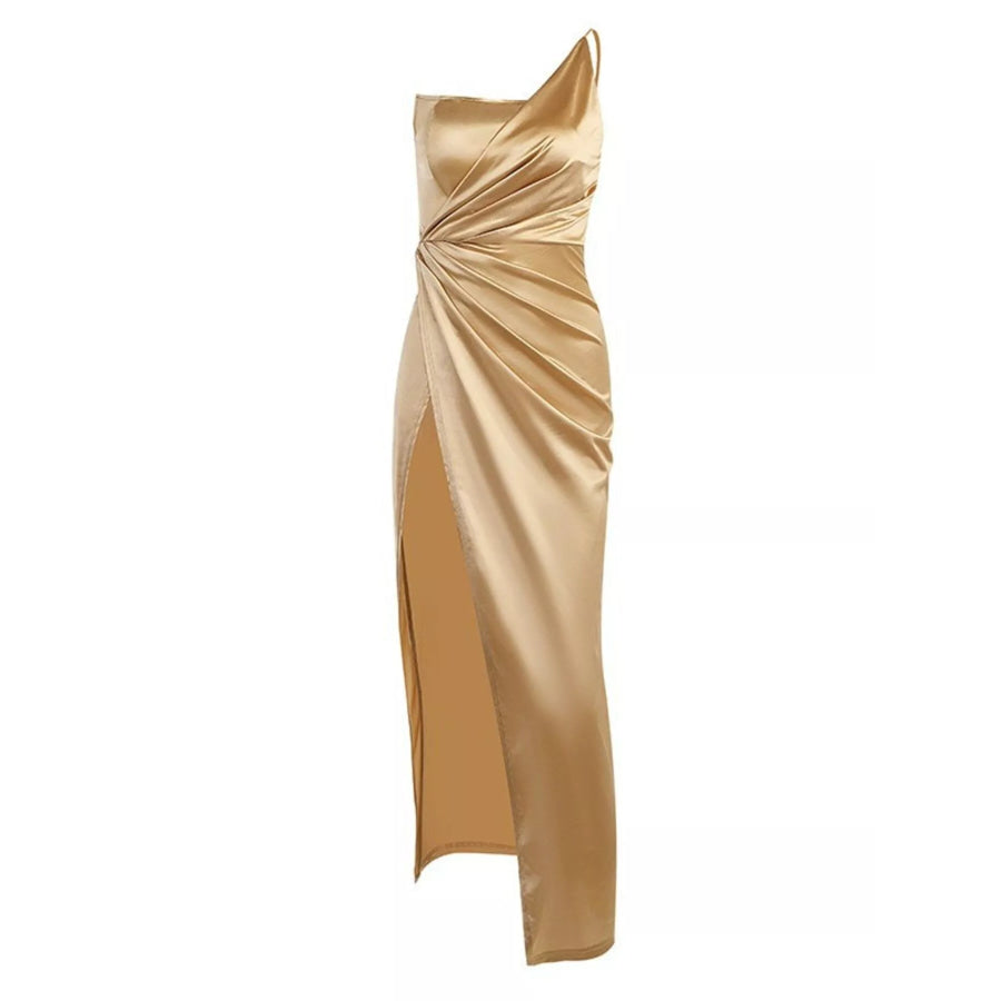 One-Shoulder Satin Maxi Dress with High Slit Apparel and Accessories