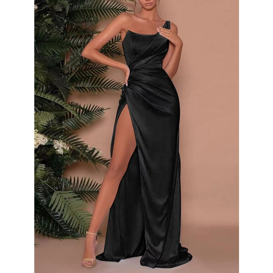 One-Shoulder Satin Maxi Dress with High Slit Black / S Apparel and Accessories
