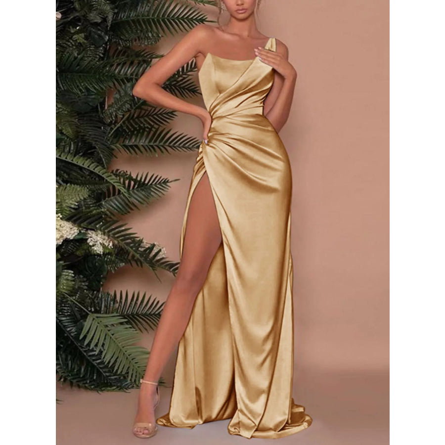 One-Shoulder Satin Maxi Dress with High Slit Gold / S Apparel and Accessories