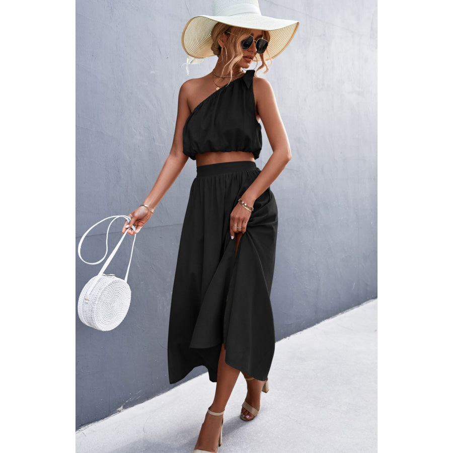 One - Shoulder Sleeveless Cropped Top and Skirt Set Black / S Apparel Accessories