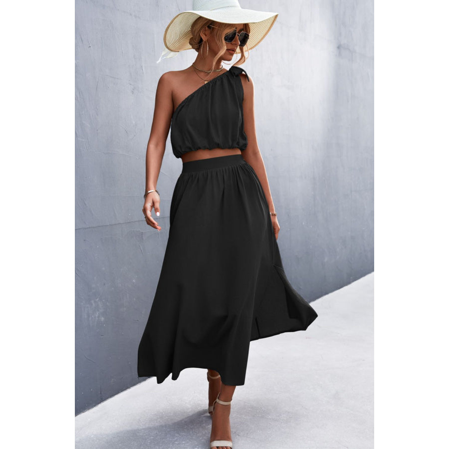 One - Shoulder Sleeveless Cropped Top and Skirt Set Black / S Apparel Accessories