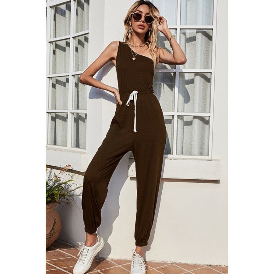 One-Shoulder Sleeveless Jumpsuit Coffee Brown / XS