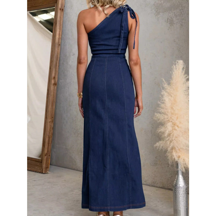One-Shoulder Slim-Fit Denim Maxi Dress Apparel and Accessories