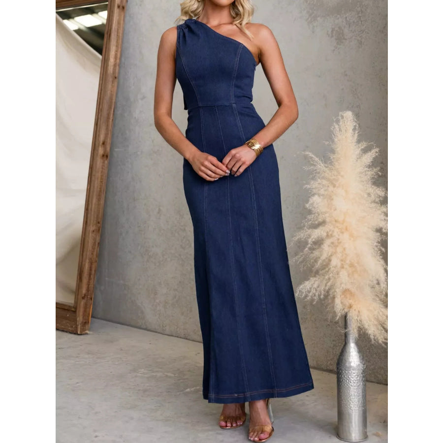 One-Shoulder Slim-Fit Denim Maxi Dress Apparel and Accessories