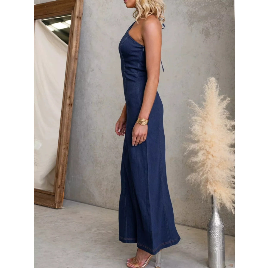 One-Shoulder Slim-Fit Denim Maxi Dress Apparel and Accessories