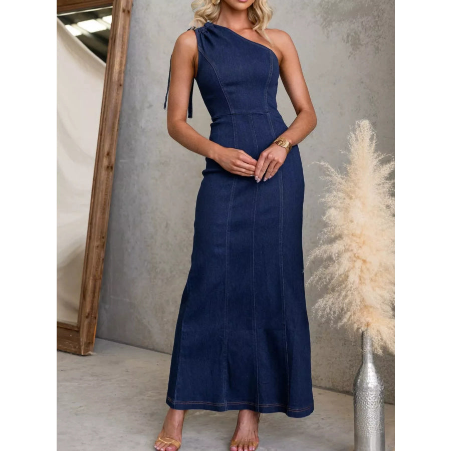 One-Shoulder Slim-Fit Denim Maxi Dress Apparel and Accessories