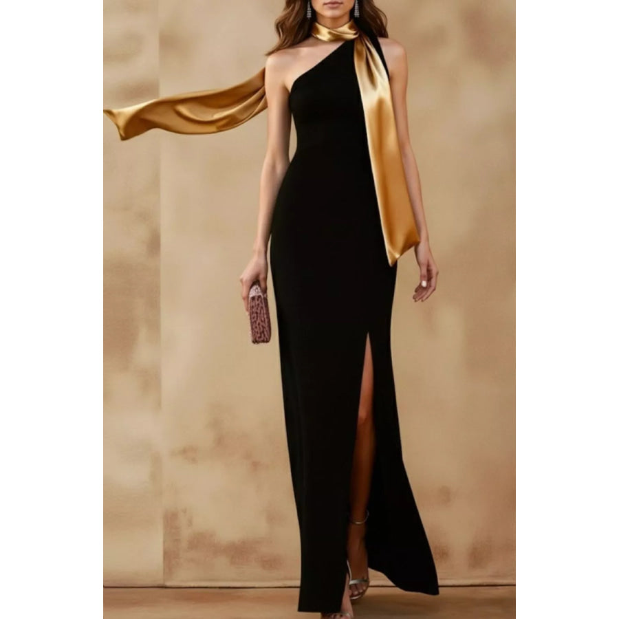One-Shoulder Slit Maxi Dress Black / S Apparel and Accessories