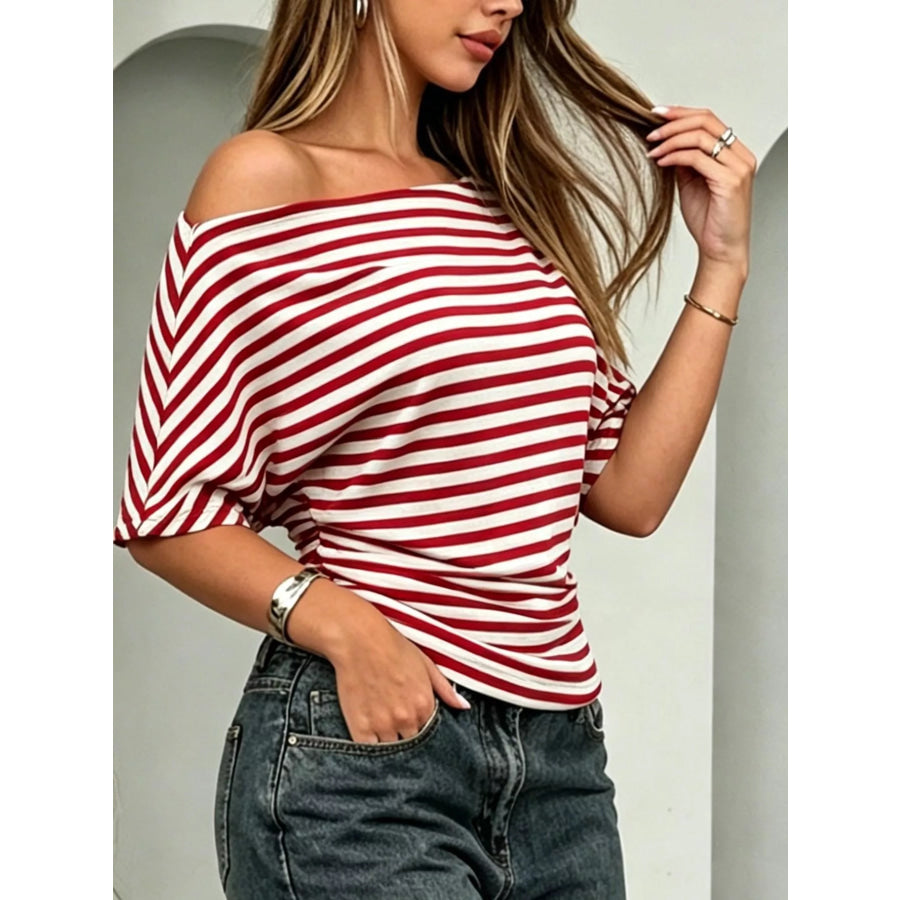 One Shoulder Striped Dolman Sleeve T-Shirt Apparel and Accessories