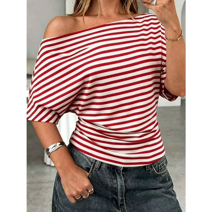 One Shoulder Striped Dolman Sleeve T-Shirt Apparel and Accessories