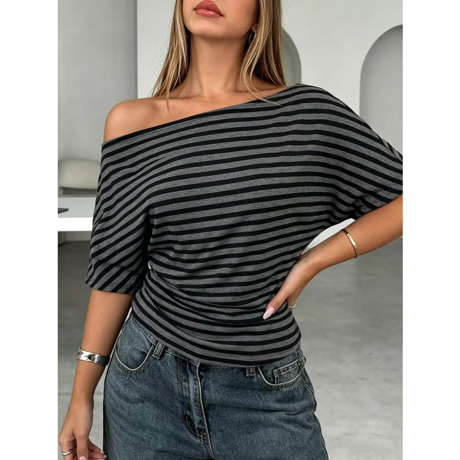 One Shoulder Striped Dolman Sleeve T-Shirt Apparel and Accessories