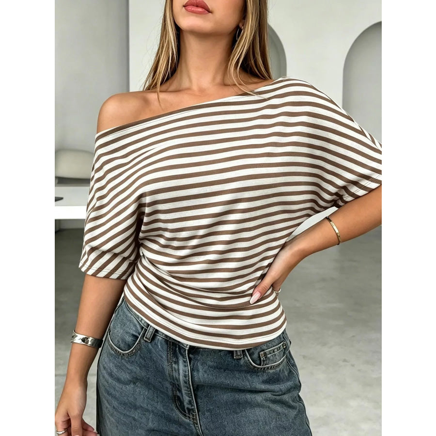 One Shoulder Striped Dolman Sleeve T-Shirt Camel / S Apparel and Accessories