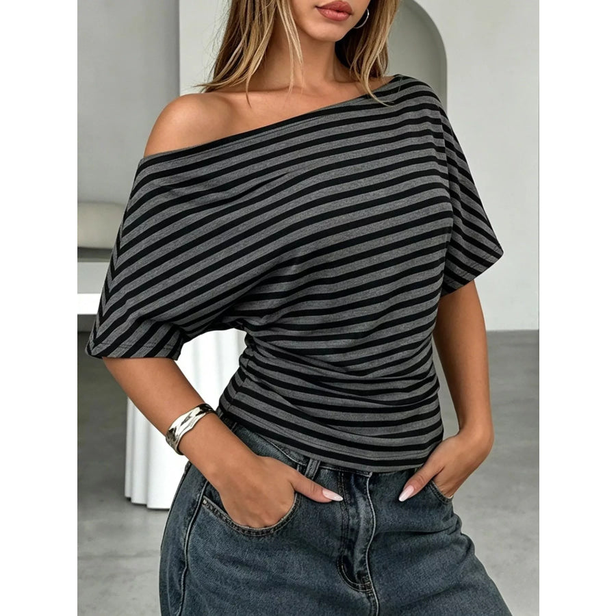 One Shoulder Striped Dolman Sleeve T-Shirt Gray / S Apparel and Accessories