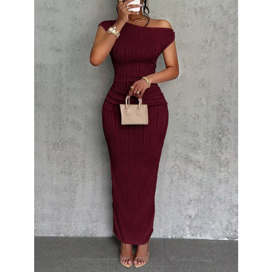 One-Shoulder Textured Maxi Dress Wine Red / S Apparel and Accessories