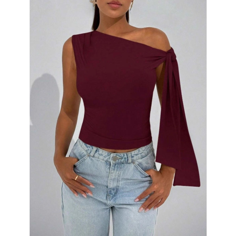 One-Shoulder Tie Detail Top Burgundy / XS Apparel and Accessories