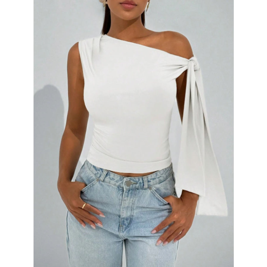 One-Shoulder Tie Detail Top Gray/white / XS Apparel and Accessories