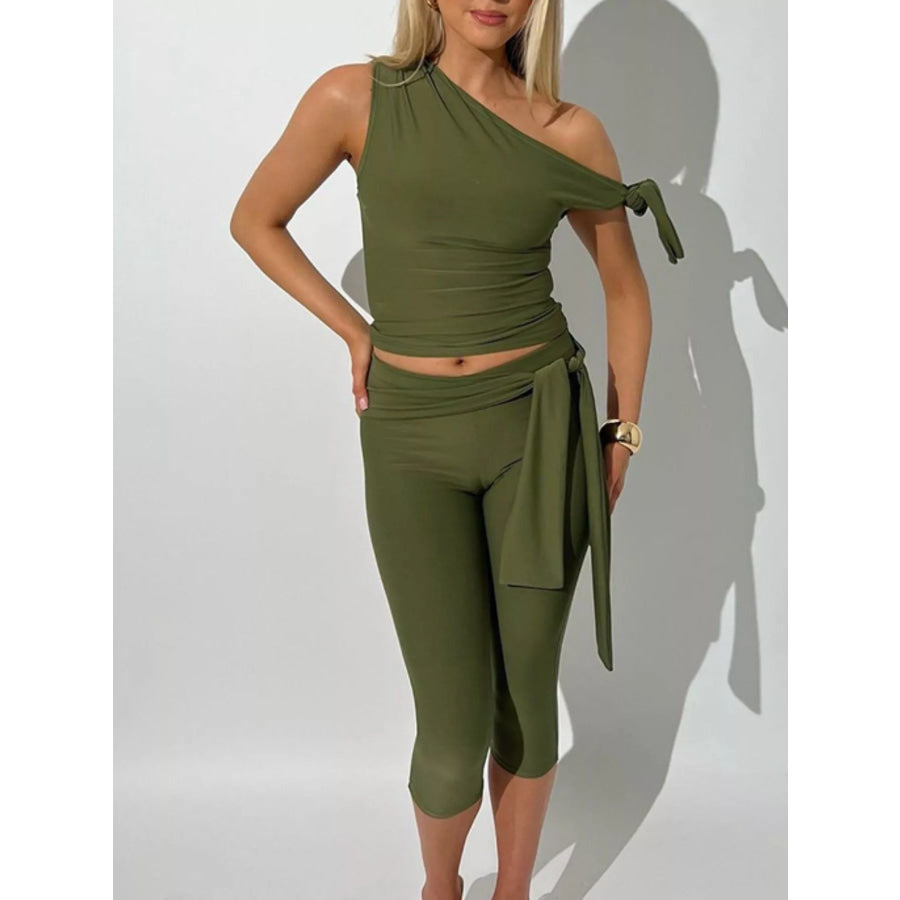 One-Shoulder Tie-Knot Top and Capris Set Apparel and Accessories