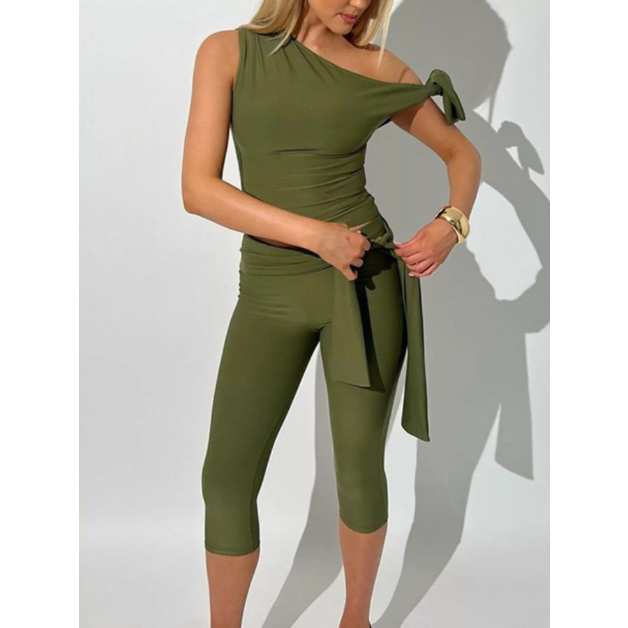 One-Shoulder Tie-Knot Top and Capris Set Moss / XS Apparel and Accessories
