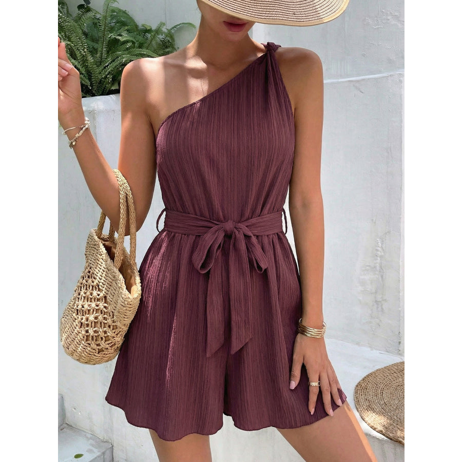 One-Shoulder Tie Waist Romper Plum Purple / S Apparel and Accessories