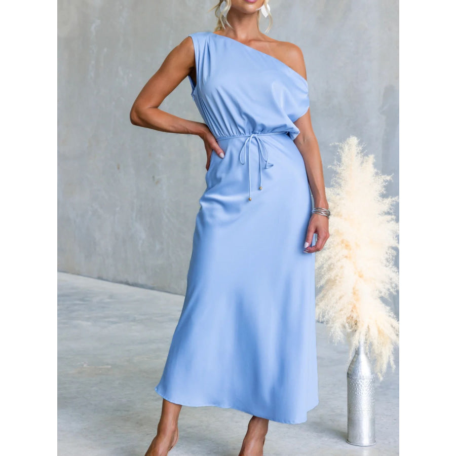 One-Shoulder Tied Midi Dress Light Blue / S Apparel and Accessories