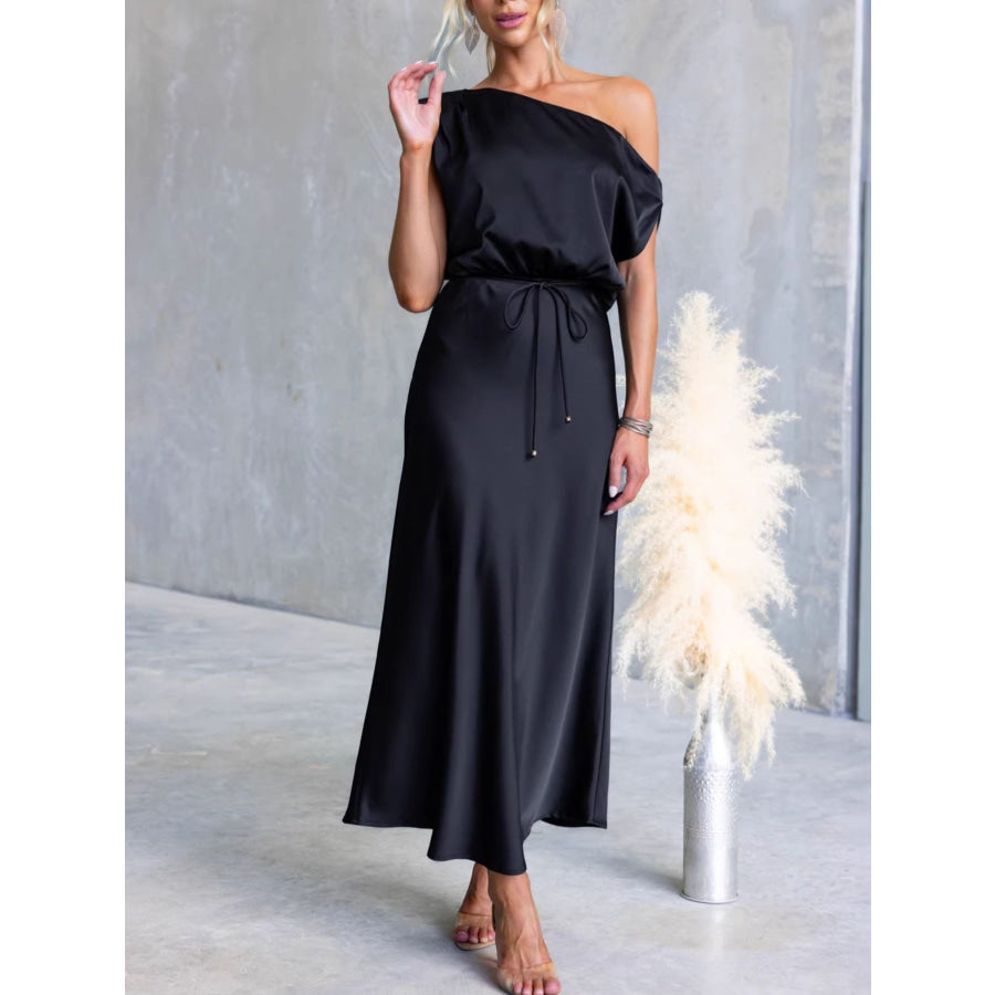 One-Shoulder Tied Midi Dress Black / S Apparel and Accessories