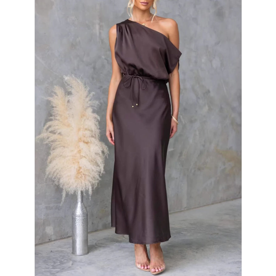 One-Shoulder Tied Midi Dress Brown / S Apparel and Accessories
