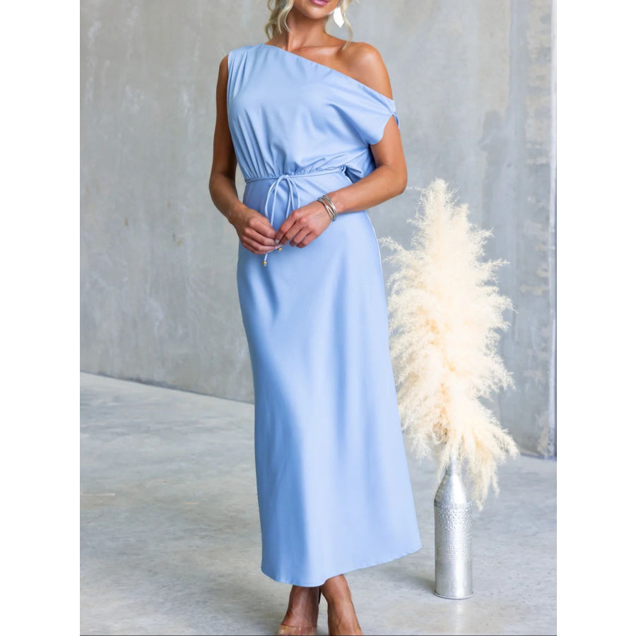 One-Shoulder Tied Midi Dress Light Blue / S Apparel and Accessories