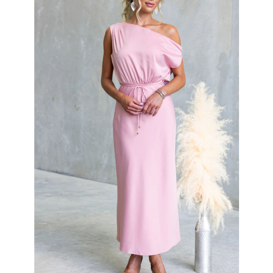 One-Shoulder Tied Midi Dress Pink / S Apparel and Accessories