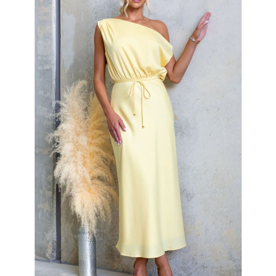 One-Shoulder Tied Midi Dress Yellow / S Apparel and Accessories