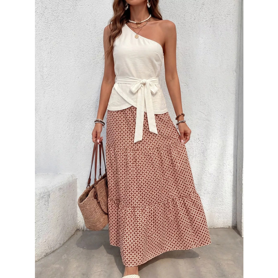 One-Shoulder Top and Geometric Print Maxi Skirt Set Apparel and Accessories