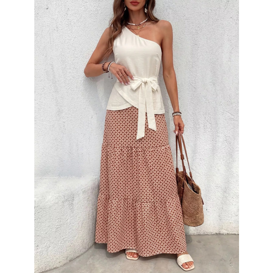 One-Shoulder Top and Geometric Print Maxi Skirt Set Apparel and Accessories