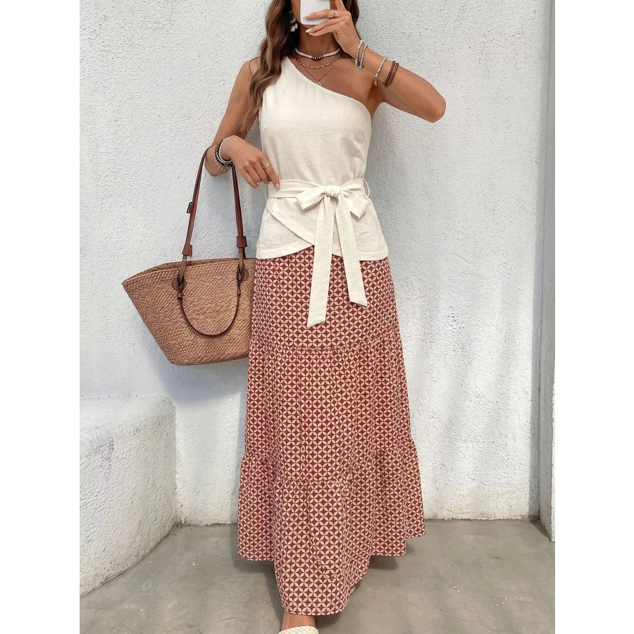 One-Shoulder Top and Geometric Print Maxi Skirt Set Apparel and Accessories