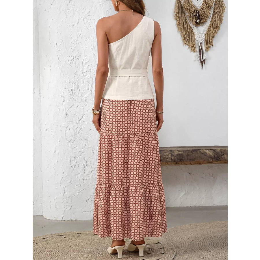 One-Shoulder Top and Geometric Print Maxi Skirt Set Apparel and Accessories