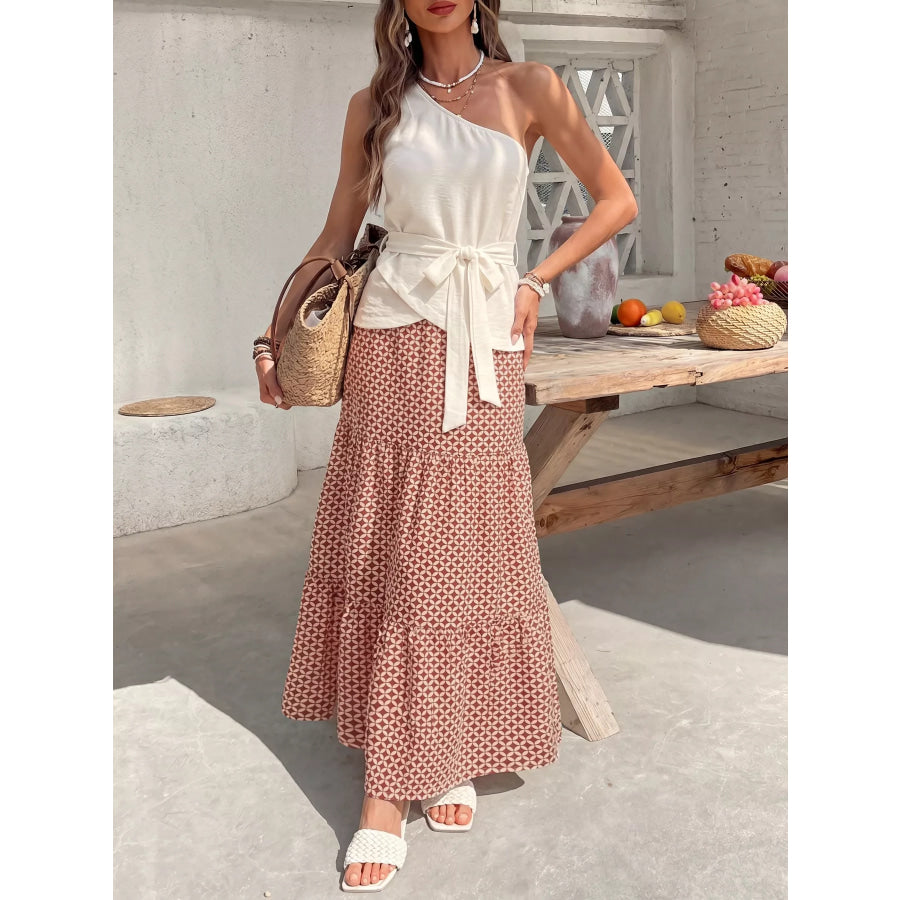 One-Shoulder Top and Geometric Print Maxi Skirt Set Apparel and Accessories
