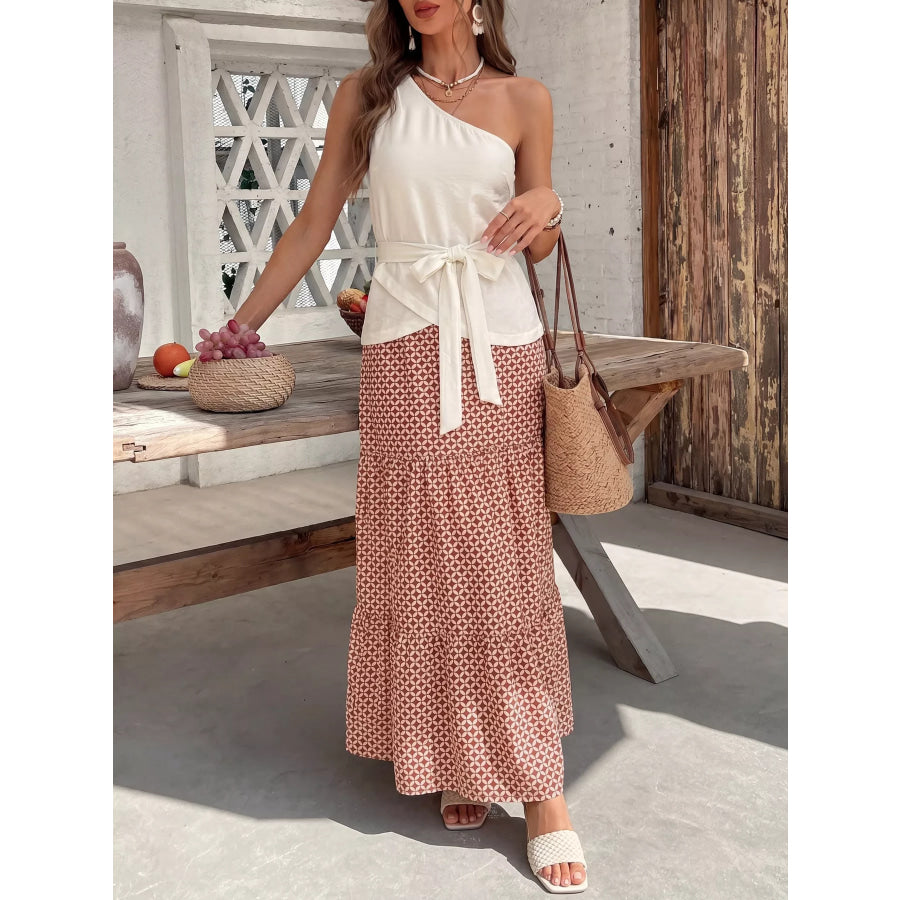 One-Shoulder Top and Geometric Print Maxi Skirt Set Apparel and Accessories