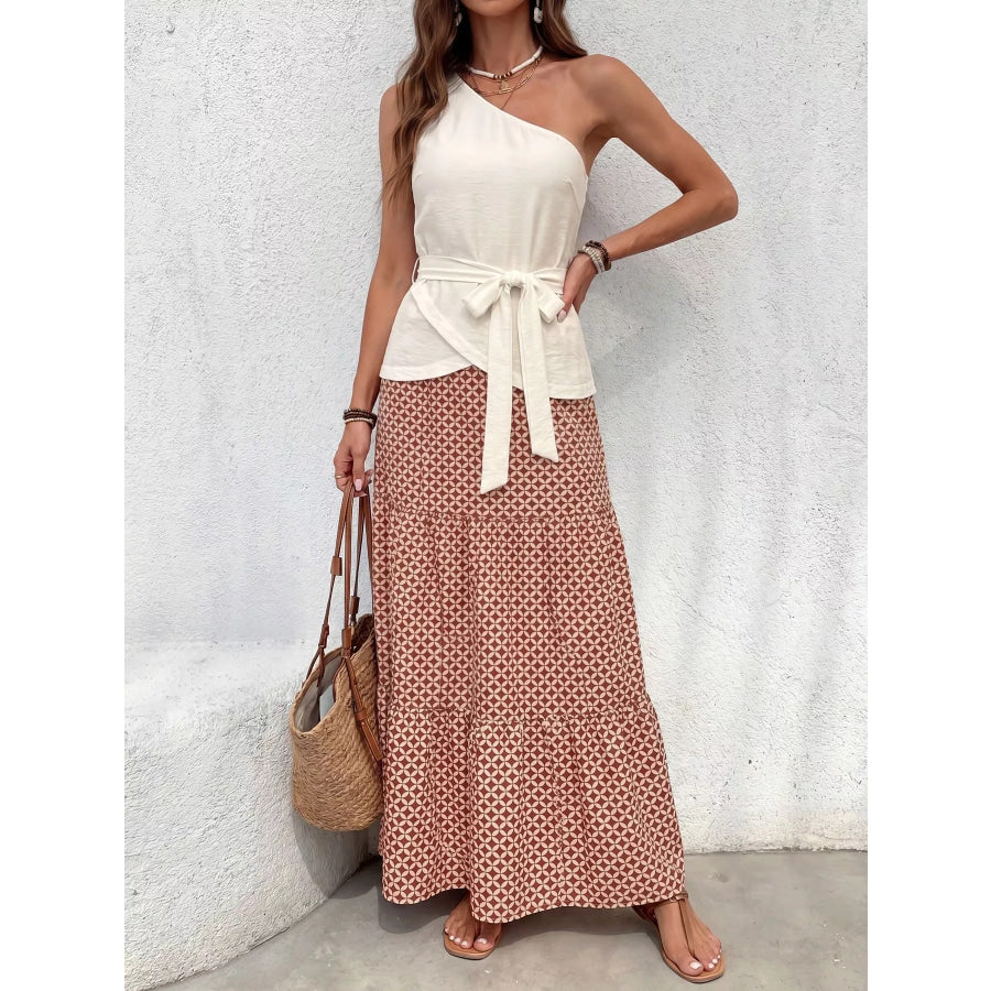 One-Shoulder Top and Geometric Print Maxi Skirt Set Cream / S Apparel and Accessories